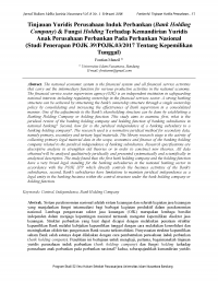 Tinjauan Yuridis Perusahaan Induk Perbankan (Bank Holding Company) & Fungsi Holding Terhadap Kemandirian Yuridis Anak Perusahaan Perbankan Pada Perbankan Nasional (Studi Penerapan POJK 39/POJK.03/2017 Tentang Kepemilikan Tunggal)